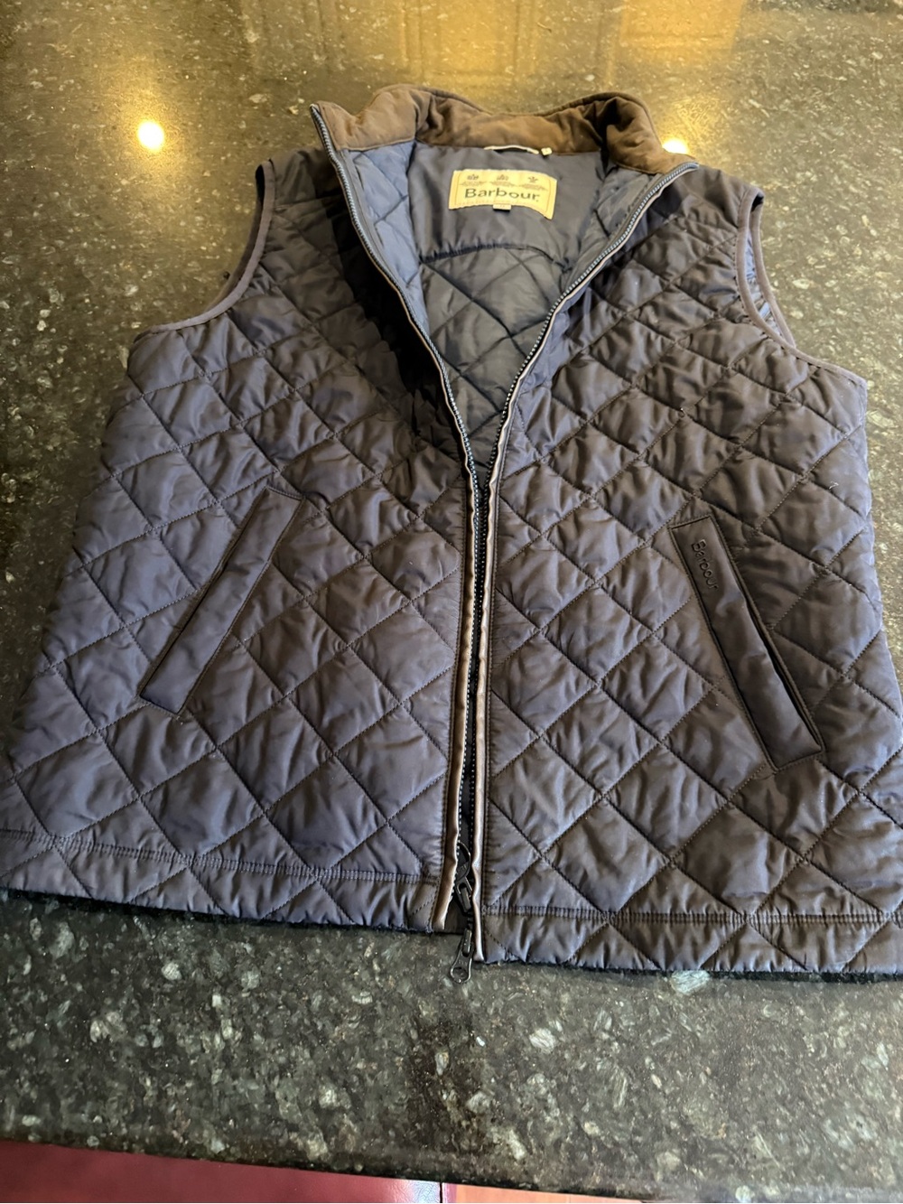 Men’s Barbour Quilted Navy Vest with leather piping - Size M